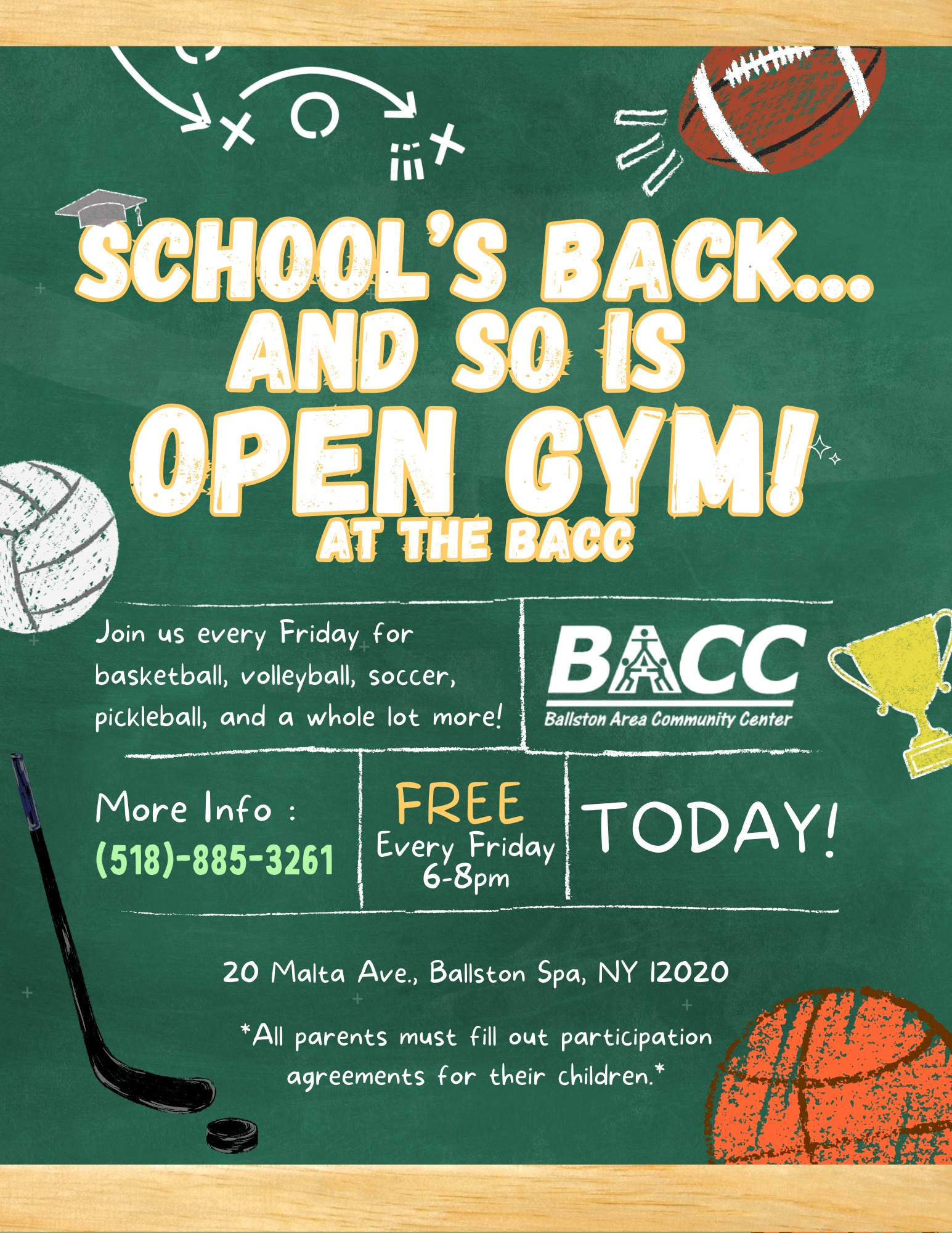 Open Gym is back at the Ballston Area Community Center every Friday from 6:00â8:00 PM!
Whether you're into basketball, volleyball, soccer, hockey, or just want to try something new, there's something for everyone.
All ages are welcomeâjust remember, children under 12 must be accompanied by a parent or guardian. Adults are required to fill out a one-time participation agreement with emergency contact information upon entry.
Come join us for a fun and active evening!