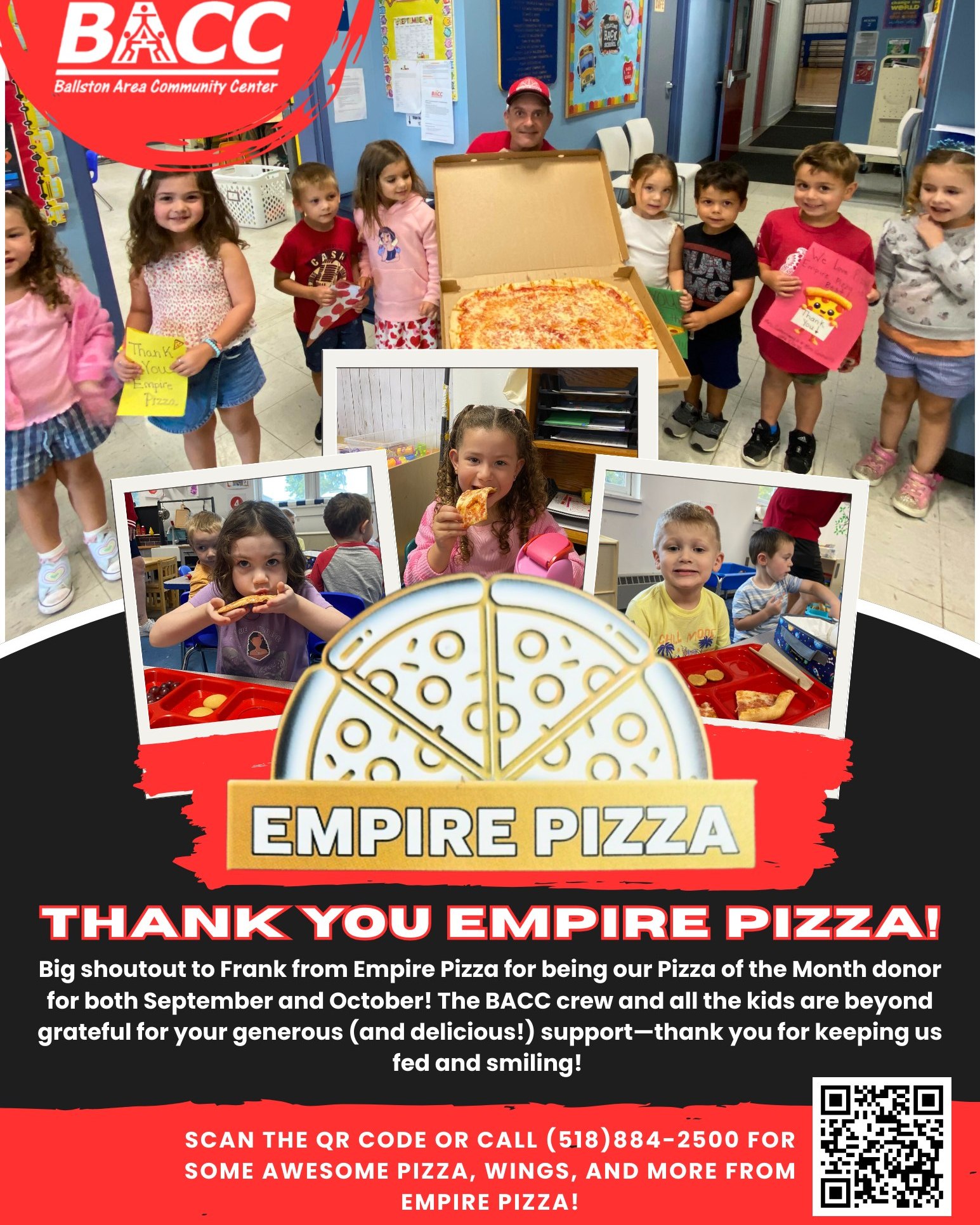 Huge thanks to Frank and the Empire Pizza team for being our Pizza of the Month donors for both September and October! The BACC staff and kids are beyond grateful for your super generous support. Donât hesitate to order from them â rest assured, itâs BACC approved!
To order from Empire Pizza-Ballston Spa: scan the QR code to order online, or call (518) 884â2500!
#EmpirePizza #ThankYou