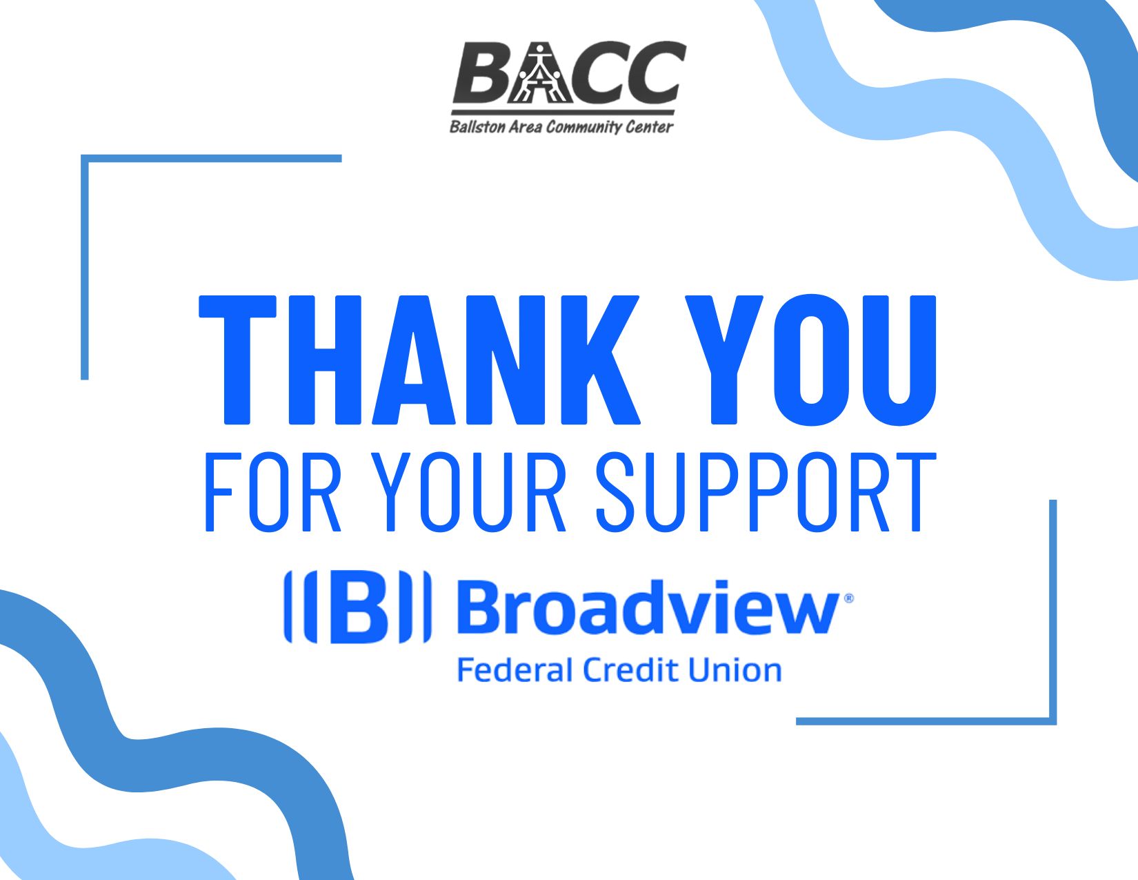 We’re incredibly grateful to Broadview FCU and their Board members for selecting the Ballston Area Community Center as a recipient of a $1,000 donation! 💙
Your support helps us continue offering meaningful programs and opportunities for our community. We truly appreciate your kindness, partnership, and commitment to making a difference!
