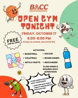 The Ballston Area Community Center is hosting Open Gym tonight from 6:00 to 8:00 PM at 20 Malta Ave, and it’s completely free for all ages!

The gym will be open for basketball, volleyball, pickleball, soccer, dodgeball, and more. Prefer a quieter activity? Visit our Connector Room for coloring, board games, and arts and crafts.

All participants must sign a liability waiver at the front desk. Children 12 and under must be with an adult (18+) at all times.

Share and bring your friends!  We look forward to seeing you all tonight.