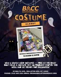 Need a Halloween costume? No problem! 
Come check out the BACC Costume Closet — we’ve got new and gently used costumes available for FREE!

Open Monday, Wednesday & Friday | 9:30AM–5:30PM
Ballston Area Community Center, 20 Malta Ave, Ballston Spa

Stop by this week and get ready for Halloween!