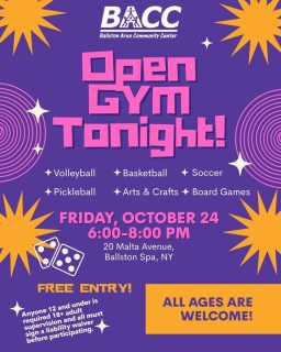 Join us tonight for Open Gym from 6:00–8:00 PM at 20 Malta Ave for FREE fun for all ages! 

Enjoy basketball, volleyball, pickleball, soccer, dodgeball, and more.  Or, take some time to relax in our connector room with coloring, board games, and arts and crafts.

All participants must sign a liability waiver at the front desk.  Also, kids 12 and under must be accompanied by an adult (18+).

Bring your friends and family.  We look forward to seeing everyone tonight!