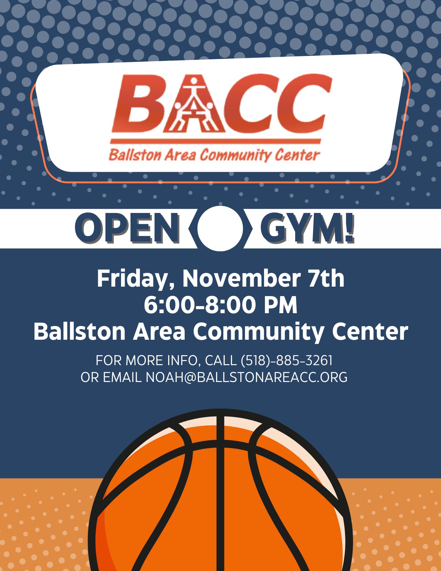 Open Gym is ON this Friday at the Ballston Area Community Center from 6:00–8:00 PM! Bring your friends, grab your favorite gear, and let's get moving—whether you're shooting hoops, spiking a volleyball, or just breaking a sweat, the court is yours!